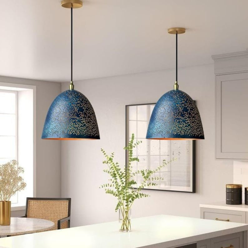 Handmade Pierced Brass Pendant Light – Blue Patina Moroccan Dome Pendant Lamp for Kitchen Island, Dining Room, Entryway & Boho Modern Home Décor