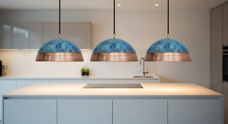 Handmade Moroccan Brass Dome Pendant Light – Blue Patina and Perforated Copper Brass Hanging Lamp, Boho Mediterranean Ceiling Light for Kitchen Island, Dining Room, Bedroom & Entryway