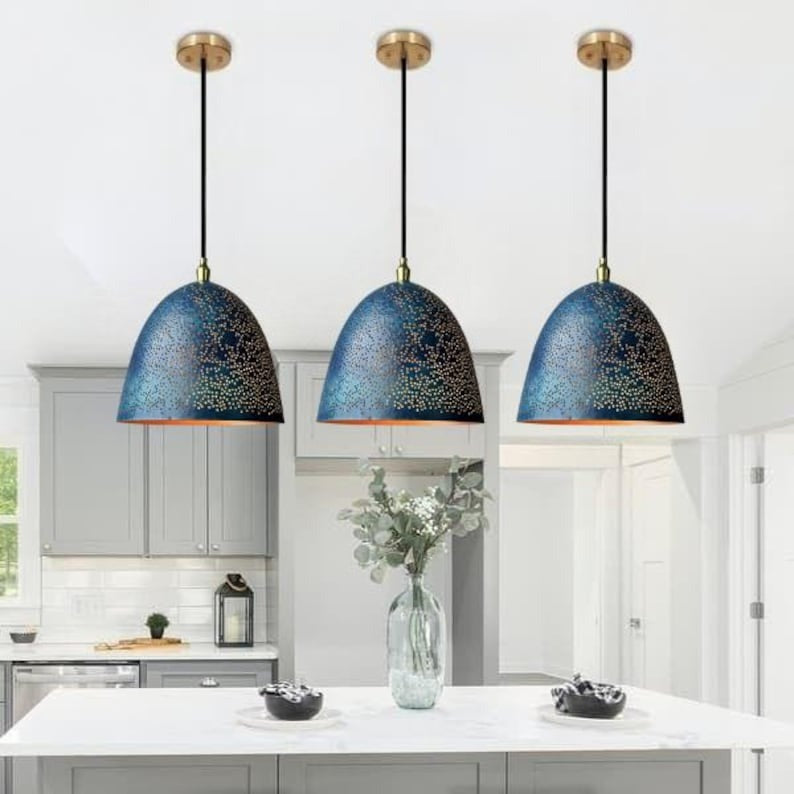 Handmade Pierced Brass Pendant Light – Blue Patina Moroccan Dome Pendant Lamp for Kitchen Island, Dining Room, Entryway & Boho Modern Home Décor