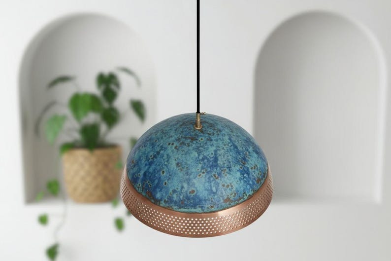 Handmade Moroccan Brass Dome Pendant Light – Blue Patina and Perforated Copper Brass Hanging Lamp, Boho Mediterranean Ceiling Light for Kitchen Island, Dining Room, Bedroom & Entryway