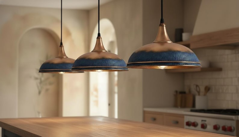Handmade Moroccan Brass Pendant Light – Blue Patina and Antique Copper Dome Ceiling Lamp, Rustic Kitchen Island Lighting Fixture