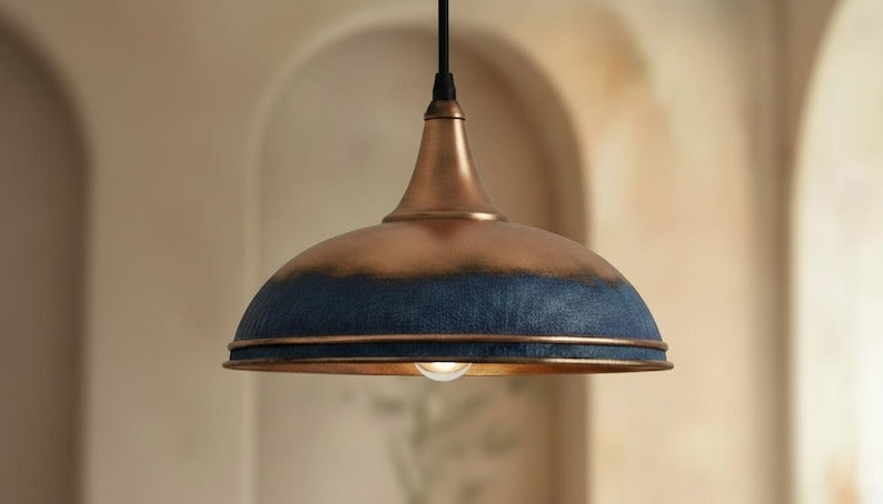Handmade Moroccan Brass Pendant Light – Blue Patina and Antique Copper Dome Ceiling Lamp, Rustic Kitchen Island Lighting Fixture