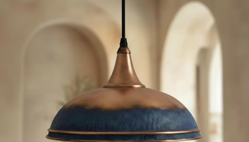 Handmade Moroccan Brass Pendant Light – Blue Patina and Antique Copper Dome Ceiling Lamp, Rustic Kitchen Island Lighting Fixture