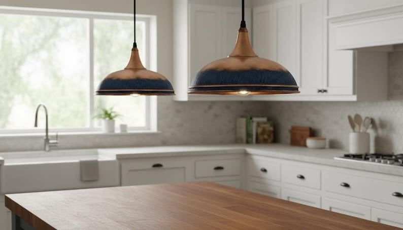 Handmade Moroccan Brass Pendant Light – Blue Patina and Antique Copper Dome Ceiling Lamp, Rustic Kitchen Island Lighting Fixture