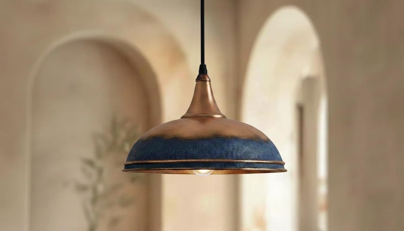 Handmade Moroccan Brass Pendant Light – Blue Patina and Antique Copper Dome Ceiling Lamp, Rustic Kitchen Island Lighting Fixture