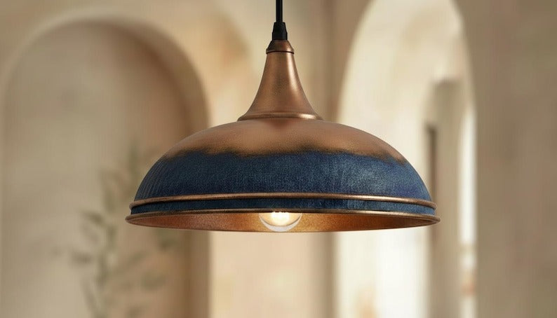 Handmade Moroccan Brass Pendant Light – Blue Patina and Antique Copper Dome Ceiling Lamp, Rustic Kitchen Island Lighting Fixture