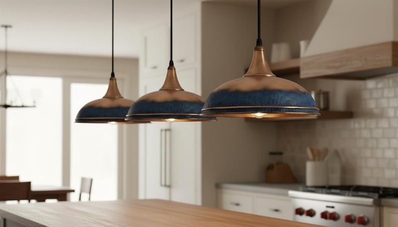 Handmade Moroccan Brass Pendant Light – Blue Patina and Antique Copper Dome Ceiling Lamp, Rustic Kitchen Island Lighting Fixture