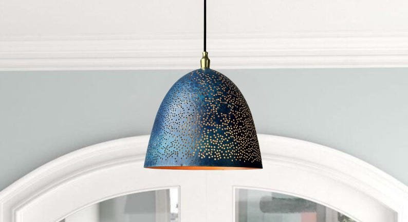 Blue Perforated Copper Dome Pendant Light, Handmade Moroccan Pierced Copper Kitchen Island Chandelier, Rustic Blue Patina Hanging Lamp, Boho Farmhouse Ceiling Light Fixture