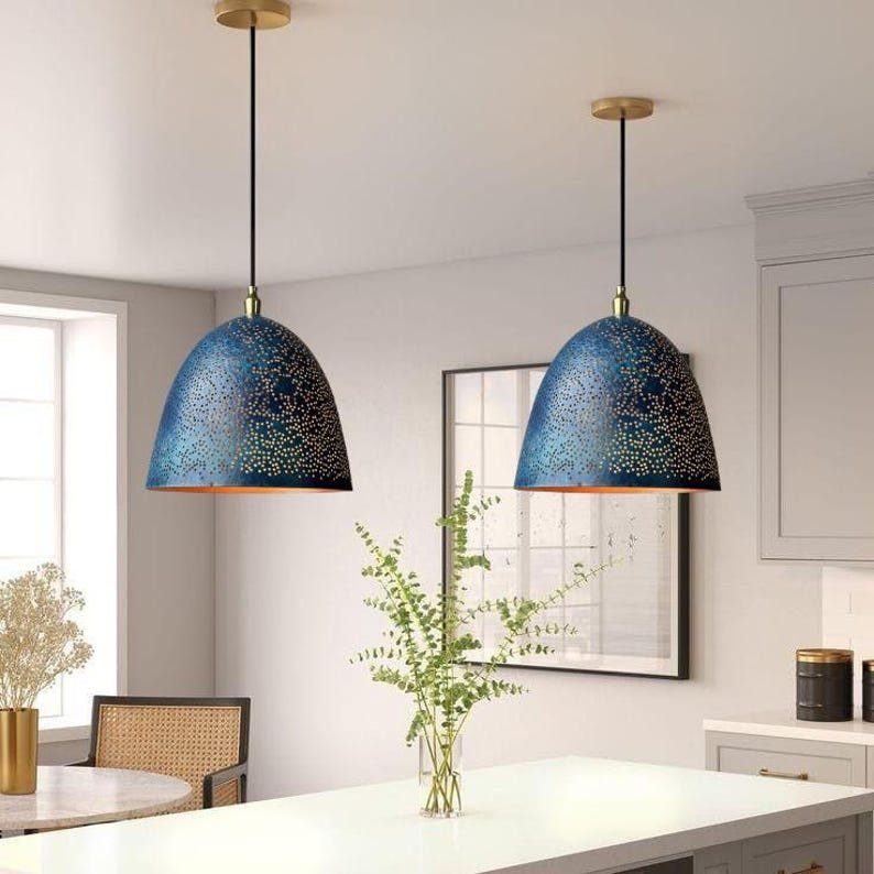 Blue Perforated Copper Dome Pendant Light, Handmade Moroccan Pierced Copper Kitchen Island Chandelier, Rustic Blue Patina Hanging Lamp, Boho Farmhouse Ceiling Light Fixture