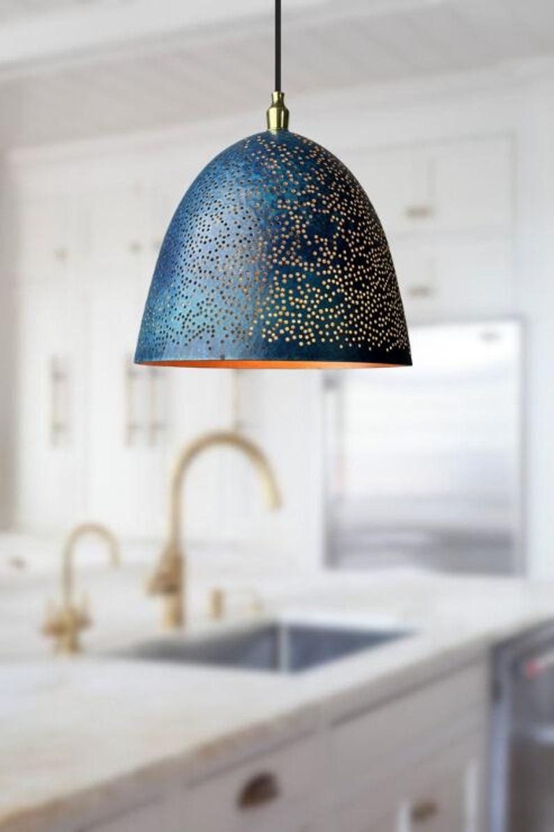 Blue Perforated Copper Dome Pendant Light, Handmade Moroccan Pierced Copper Kitchen Island Chandelier, Rustic Blue Patina Hanging Lamp, Boho Farmhouse Ceiling Light Fixture