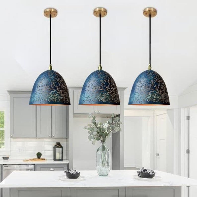 Blue Perforated Copper Dome Pendant Light, Handmade Moroccan Pierced Copper Kitchen Island Chandelier, Rustic Blue Patina Hanging Lamp, Boho Farmhouse Ceiling Light Fixture