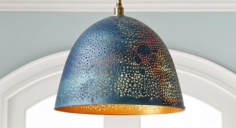 Blue Perforated Copper Dome Pendant Light, Handmade Moroccan Pierced Copper Kitchen Island Chandelier, Rustic Blue Patina Hanging Lamp, Boho Farmhouse Ceiling Light Fixture