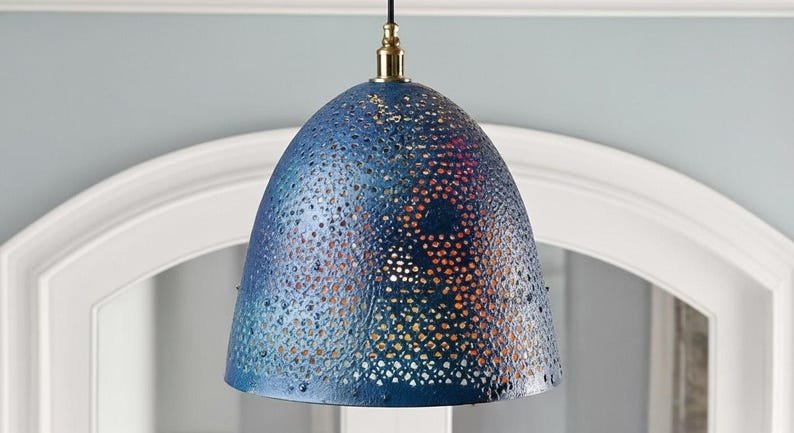 Blue Perforated Copper Dome Pendant Light, Handmade Moroccan Pierced Copper Kitchen Island Chandelier, Rustic Blue Patina Hanging Lamp, Boho Farmhouse Ceiling Light Fixture