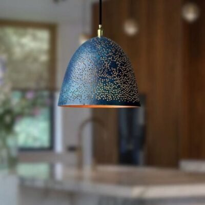 Blue Perforated Copper Dome Pendant Light, Handmade Moroccan Pierced Copper Kitchen Island Chandelier, Rustic Blue Patina Hanging Lamp, Boho Farmhouse Ceiling Light Fixture