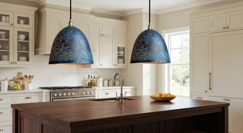 Blue Perforated Copper Dome Pendant Light, Handmade Moroccan Pierced Copper Kitchen Island Chandelier, Rustic Blue Patina Hanging Lamp, Boho Farmhouse Ceiling Light Fixture