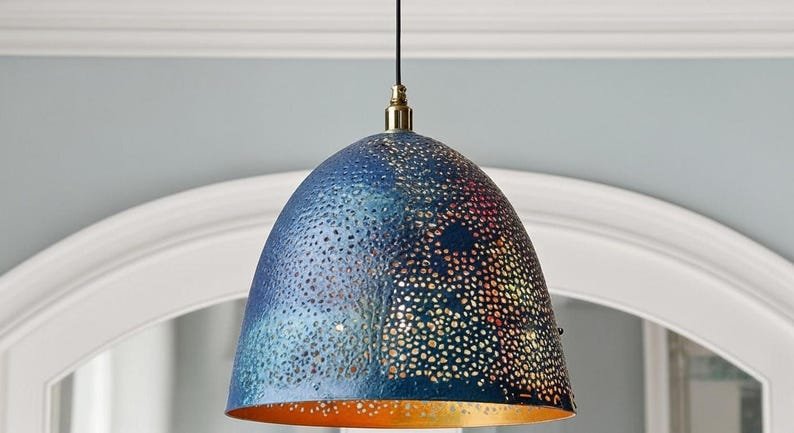 Blue Perforated Copper Dome Pendant Light, Handmade Moroccan Pierced Copper Kitchen Island Chandelier, Rustic Blue Patina Hanging Lamp, Boho Farmhouse Ceiling Light Fixture