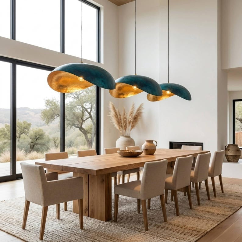 Handmade Moroccan Brass Sculptural Pendant Light – Asymmetrical Blue Verdigris Patina Hanging Lamp with Hammered Gold Interior, Modern Organic Ceiling Light for Kitchen Island, Dining Room & Living Room