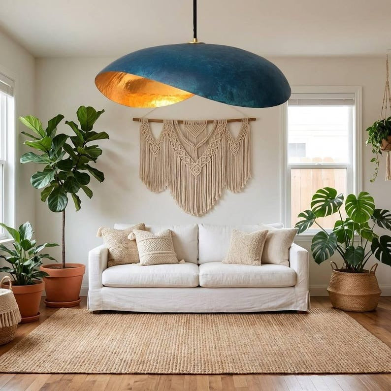 Handmade Moroccan Brass Sculptural Pendant Light – Asymmetrical Blue Verdigris Patina Hanging Lamp with Hammered Gold Interior, Modern Organic Ceiling Light for Kitchen Island, Dining Room & Living Room