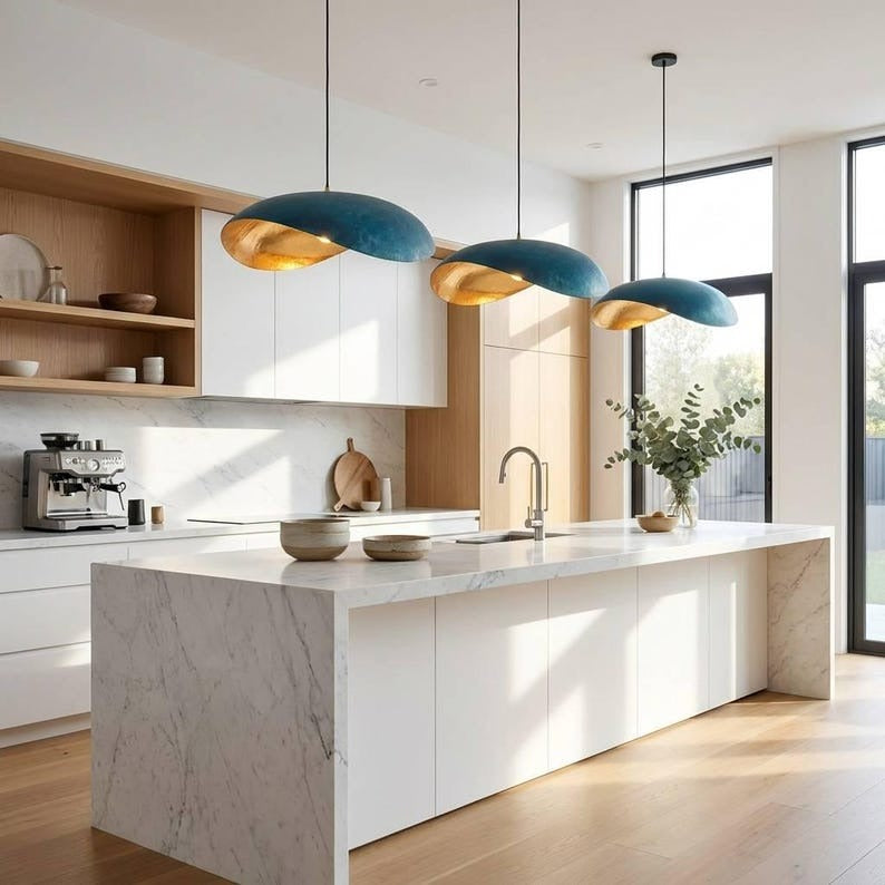 Handmade Moroccan Brass Sculptural Pendant Light – Asymmetrical Blue Verdigris Patina Hanging Lamp with Hammered Gold Interior, Modern Organic Ceiling Light for Kitchen Island, Dining Room & Living Room