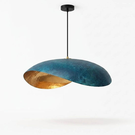 Handmade Moroccan Brass Sculptural Pendant Light – Asymmetrical Blue Verdigris Patina Hanging Lamp with Hammered Gold Interior, Modern Organic Ceiling Light for Kitchen Island, Dining Room & Living Room