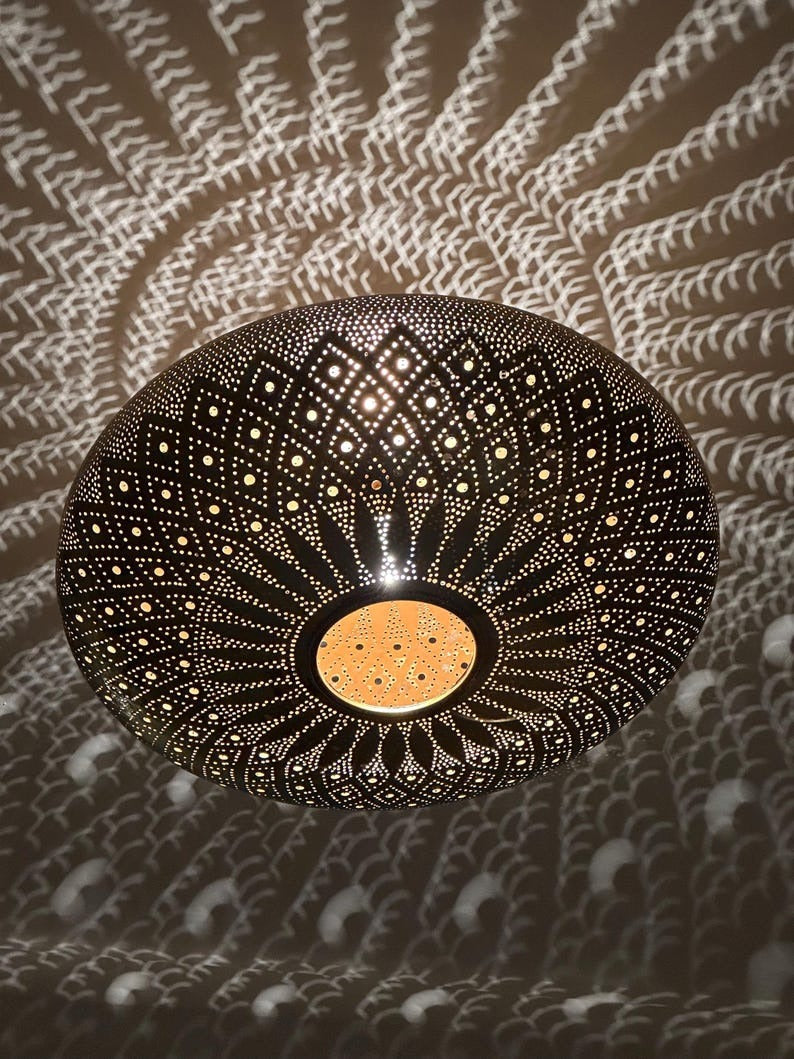 Moroccan Brass Pierced Dome Pendant Light, Handmade Moorish Diamond Pattern Chandelier, Boho Arabic Shadow Lamp, Antique Gold Brass Filigree Ceiling Light Fixture