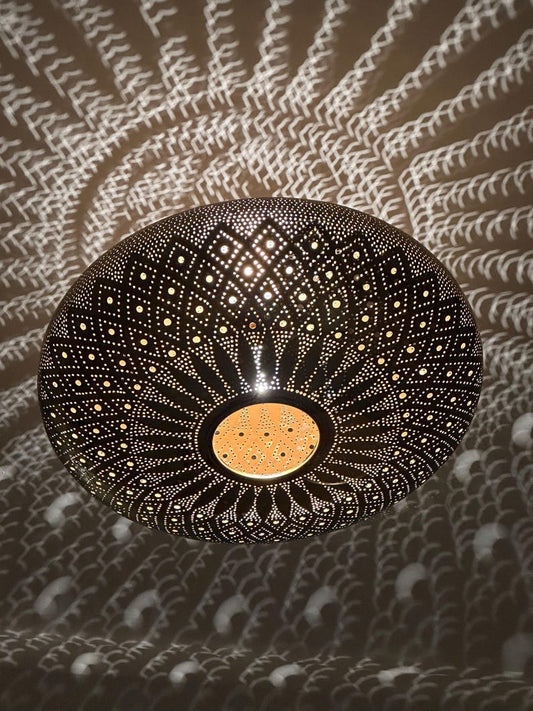 Moroccan Brass Pierced Dome Pendant Light, Handmade Moorish Diamond Pattern Chandelier, Boho Arabic Shadow Lamp, Antique Gold Brass Filigree Ceiling Light Fixture