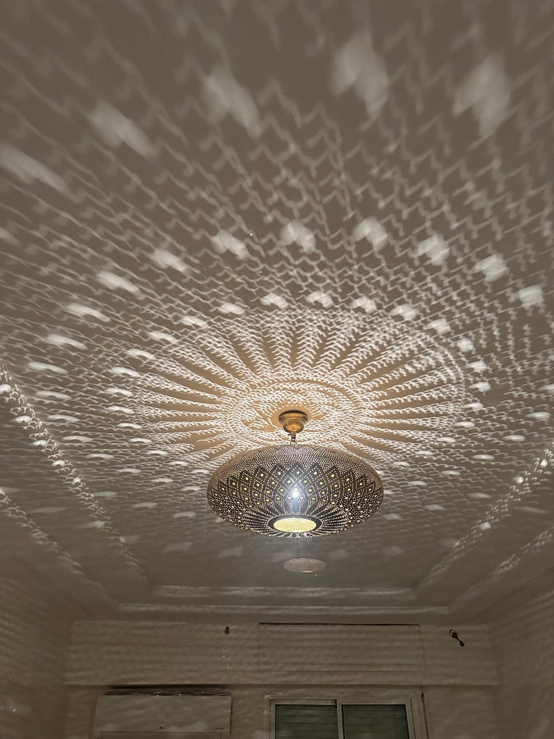 Moroccan Brass Pierced Dome Pendant Light, Handmade Moorish Diamond Pattern Chandelier, Boho Arabic Shadow Lamp, Antique Gold Brass Filigree Ceiling Light Fixture