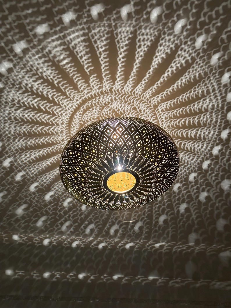 Moroccan Brass Pierced Dome Pendant Light, Handmade Moorish Diamond Pattern Chandelier, Boho Arabic Shadow Lamp, Antique Gold Brass Filigree Ceiling Light Fixture