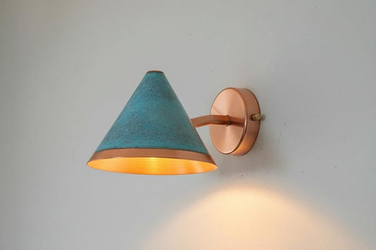 Handmade Brass Wall Sconce Light – Turquoise Patina Moroccan Cone Lamp, Copper Interior Wall Light, Rustic Boho Brass Bathroom & Bedside Fixture