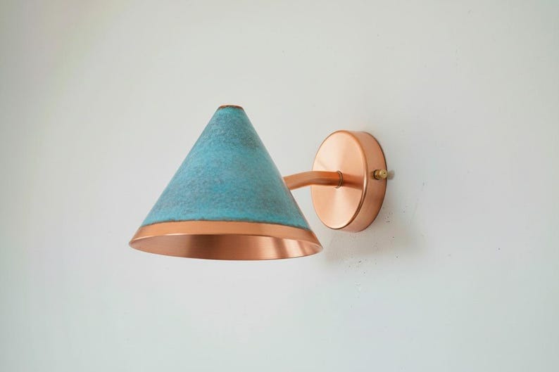 Handmade Brass Wall Sconce Light – Turquoise Patina Moroccan Cone Lamp, Copper Interior Wall Light, Rustic Boho Brass Bathroom & Bedside Fixture