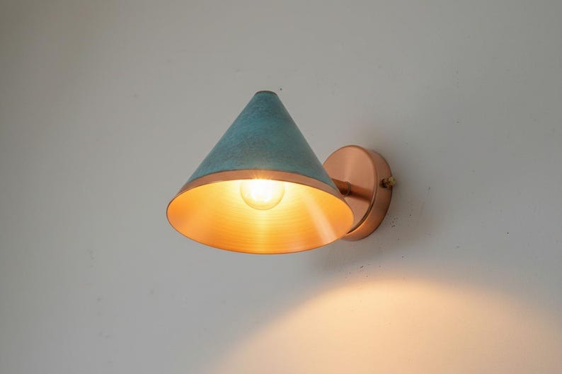 Handmade Brass Wall Sconce Light – Turquoise Patina Moroccan Cone Lamp, Copper Interior Wall Light, Rustic Boho Brass Bathroom & Bedside Fixture