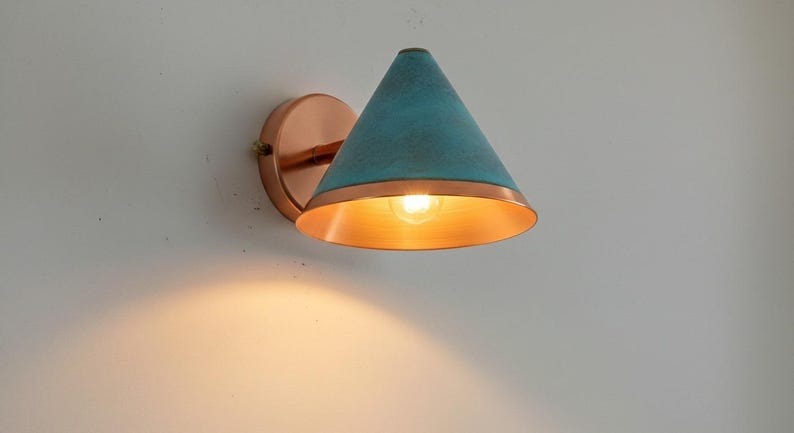 Handmade Brass Wall Sconce Light – Turquoise Patina Moroccan Cone Lamp, Copper Interior Wall Light, Rustic Boho Brass Bathroom & Bedside Fixture