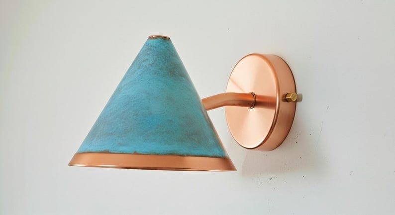 Handmade Brass Wall Sconce Light – Turquoise Patina Moroccan Cone Lamp, Copper Interior Wall Light, Rustic Boho Brass Bathroom & Bedside Fixture