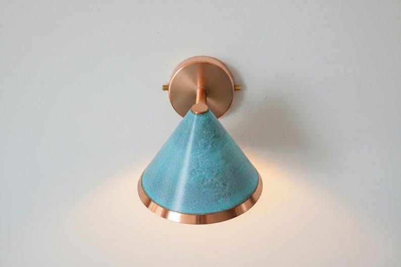 Handmade Brass Wall Sconce Light – Turquoise Patina Moroccan Cone Lamp, Copper Interior Wall Light, Rustic Boho Brass Bathroom & Bedside Fixture