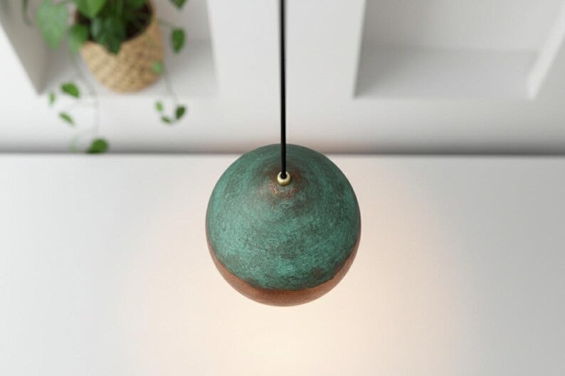 Handmade Moroccan Brass Globe Pendant Light – Hammered Copper Brass Hanging Lamp with Turquoise Verdigris Patina Top, Warm Gold Interior Boho Ceiling Light for Kitchen Island, Dining Room, Bedroom & Entryway
