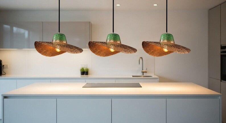 Handmade Moroccan Brass Sculptural Pendant Light – Perforated Copper Brass Wave Hanging Lamp with Green Patina Canopy, Modern Boho Ceiling Light for Dining Room, Kitchen Island & Living Room