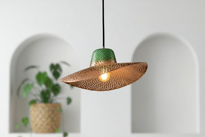 Handmade Moroccan Brass Sculptural Pendant Light – Perforated Copper Brass Wave Hanging Lamp with Green Patina Canopy, Modern Boho Ceiling Light for Dining Room, Kitchen Island & Living Room
