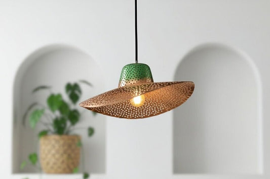 Handmade Moroccan Brass Sculptural Pendant Light – Perforated Copper Brass Wave Hanging Lamp with Green Patina Canopy, Modern Boho Ceiling Light for Dining Room, Kitchen Island & Living Room