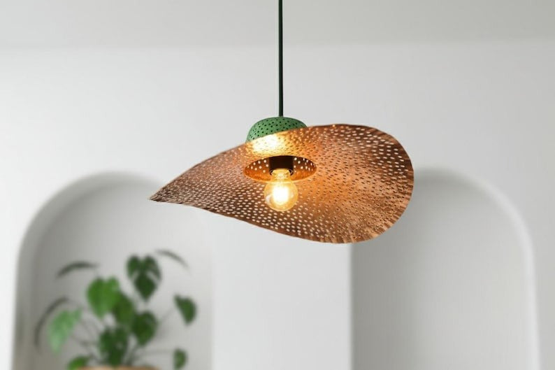 Handmade Moroccan Brass Sculptural Pendant Light – Perforated Copper Brass Wave Hanging Lamp with Green Patina Canopy, Modern Boho Ceiling Light for Dining Room, Kitchen Island & Living Room