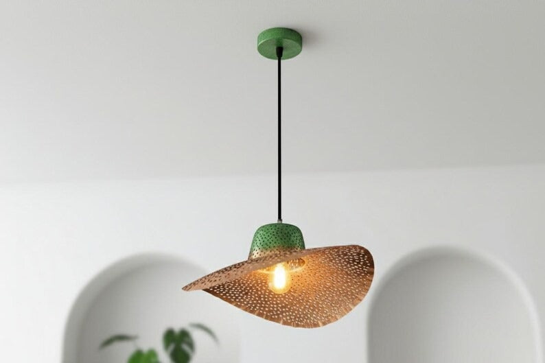 Handmade Moroccan Brass Sculptural Pendant Light – Perforated Copper Brass Wave Hanging Lamp with Green Patina Canopy, Modern Boho Ceiling Light for Dining Room, Kitchen Island & Living Room