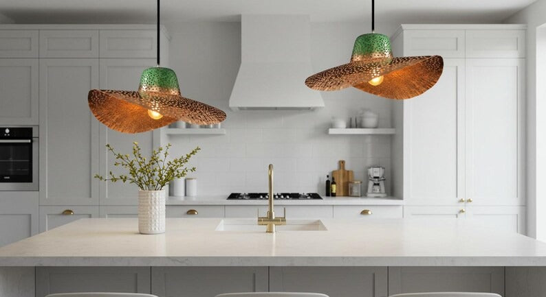 Handmade Moroccan Brass Sculptural Pendant Light – Perforated Copper Brass Wave Hanging Lamp with Green Patina Canopy, Modern Boho Ceiling Light for Dining Room, Kitchen Island & Living Room