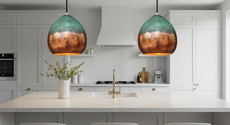 Handmade Moroccan Brass Globe Pendant Light – Hammered Copper Brass Hanging Lamp with Turquoise Verdigris Patina Top, Warm Gold Interior Boho Ceiling Light for Kitchen Island, Dining Room, Bedroom & Entryway