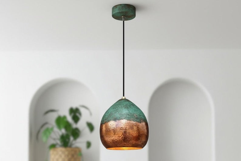 Handmade Moroccan Brass Globe Pendant Light – Hammered Copper Brass Hanging Lamp with Turquoise Verdigris Patina Top, Warm Gold Interior Boho Ceiling Light for Kitchen Island, Dining Room, Bedroom & Entryway