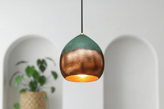 Handmade Moroccan Brass Globe Pendant Light – Hammered Copper Brass Hanging Lamp with Turquoise Verdigris Patina Top, Warm Gold Interior Boho Ceiling Light for Kitchen Island, Dining Room, Bedroom & Entryway