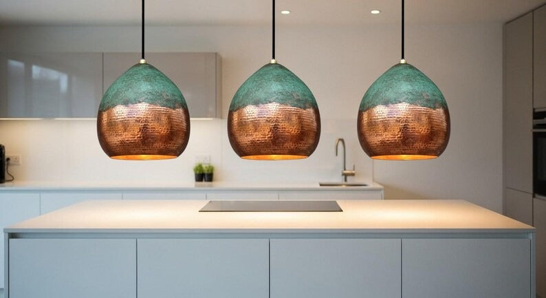 Handmade Moroccan Brass Globe Pendant Light – Hammered Copper Brass Hanging Lamp with Turquoise Verdigris Patina Top, Warm Gold Interior Boho Ceiling Light for Kitchen Island, Dining Room, Bedroom & Entryway