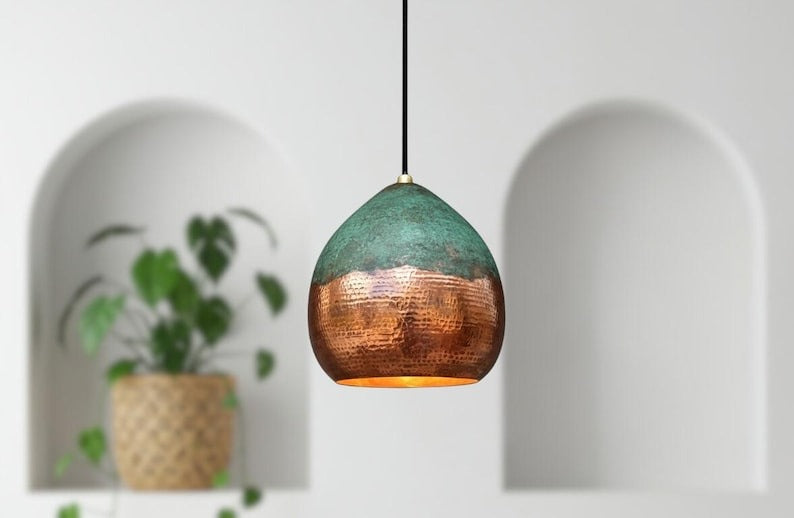 Handmade Moroccan Brass Globe Pendant Light – Hammered Copper Brass Hanging Lamp with Turquoise Verdigris Patina Top, Warm Gold Interior Boho Ceiling Light for Kitchen Island, Dining Room, Bedroom & Entryway