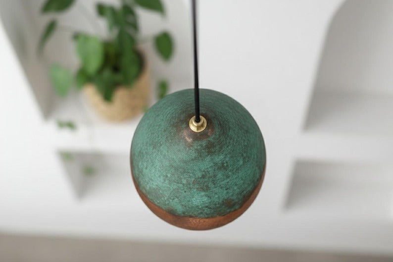 Handmade Moroccan Brass Globe Pendant Light – Hammered Copper Brass Hanging Lamp with Turquoise Verdigris Patina Top, Warm Gold Interior Boho Ceiling Light for Kitchen Island, Dining Room, Bedroom & Entryway