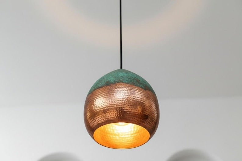 Handmade Moroccan Brass Globe Pendant Light – Hammered Copper Brass Hanging Lamp with Turquoise Verdigris Patina Top, Warm Gold Interior Boho Ceiling Light for Kitchen Island, Dining Room, Bedroom & Entryway