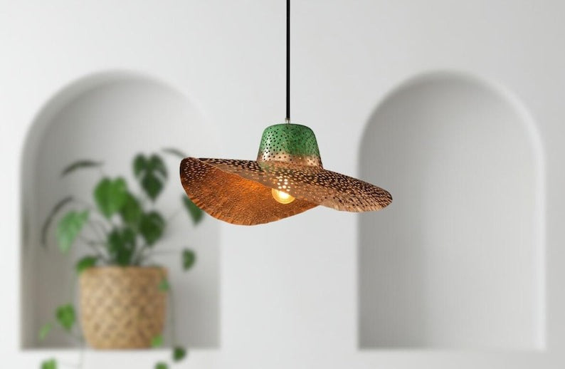 Handmade Moroccan Brass Sculptural Pendant Light – Perforated Copper Brass Wave Hanging Lamp with Green Patina Canopy, Modern Boho Ceiling Light for Dining Room, Kitchen Island & Living Room