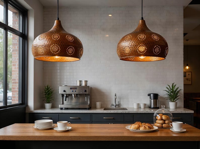 Pierced Hammered Copper Onion Pendant Light, Handmade Moroccan Copper Chandelier, Perforated Kitchen Island Hanging Lamp, Rustic Boho Farmhouse Ceiling Light Fixture